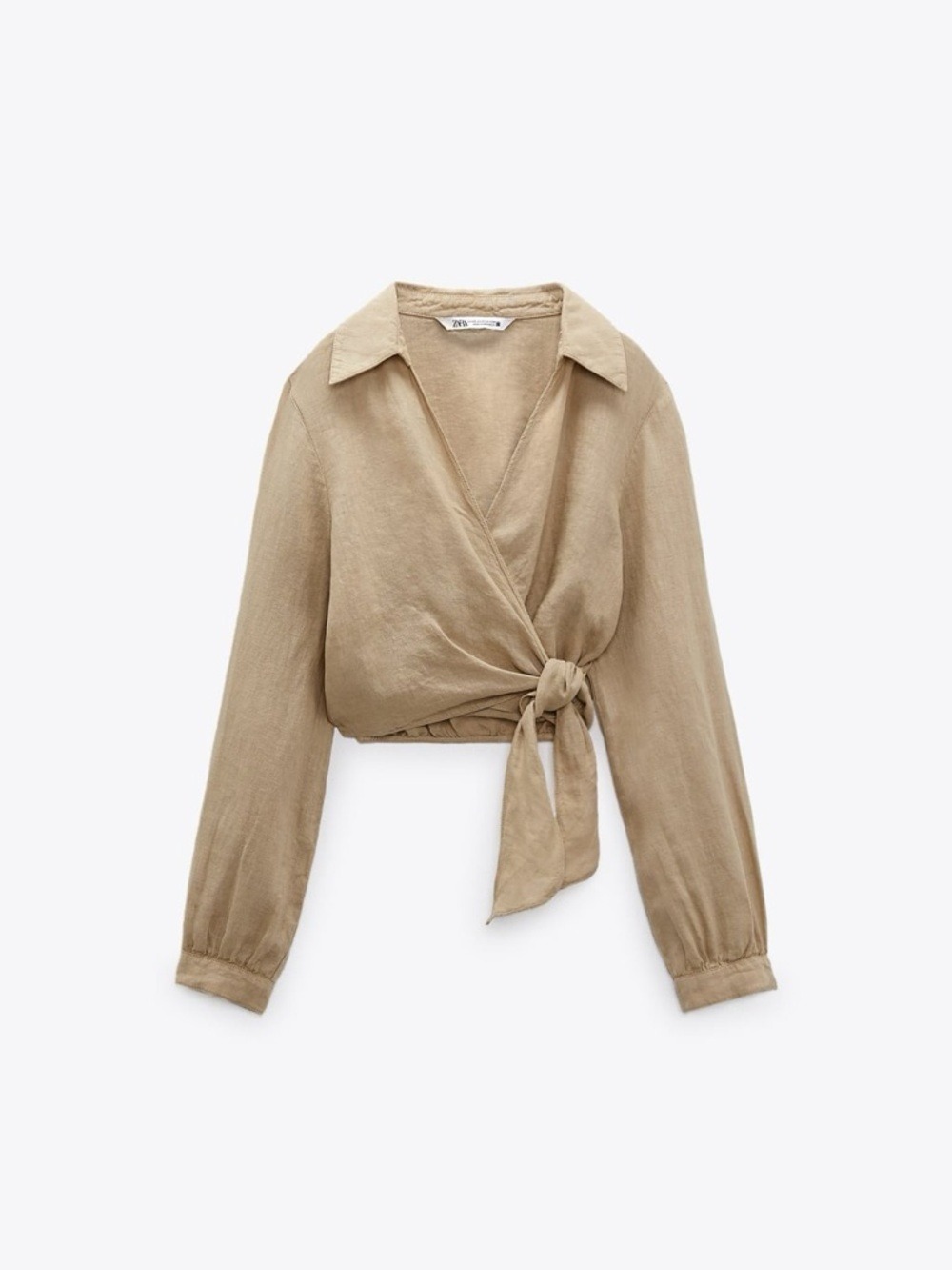 Nwt Zara 100% Linen Wrap Cropped Long Sleeve Top In Camel Size Small